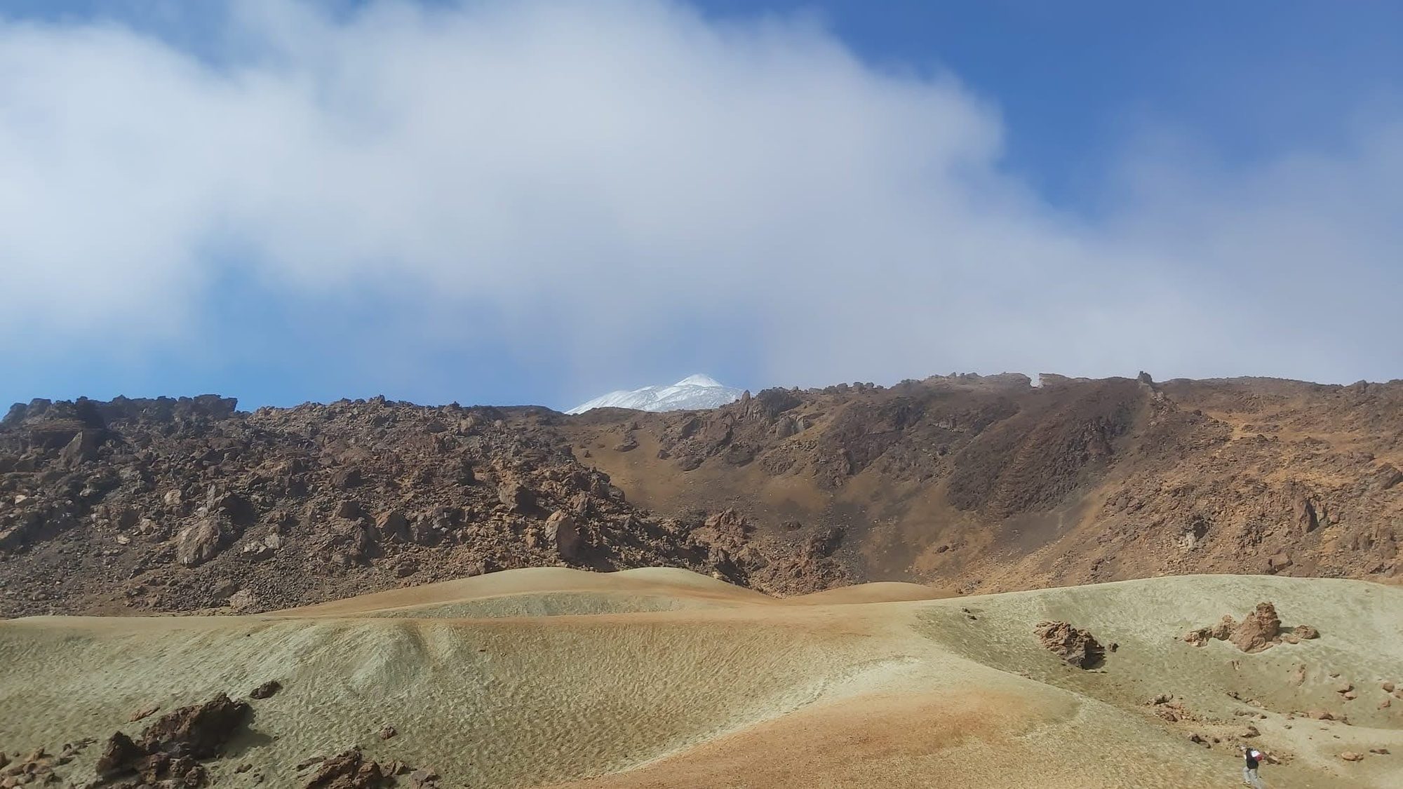 Paisaje volcánico con laderas minerales y la cumbre nevada asomando entre las nubes.